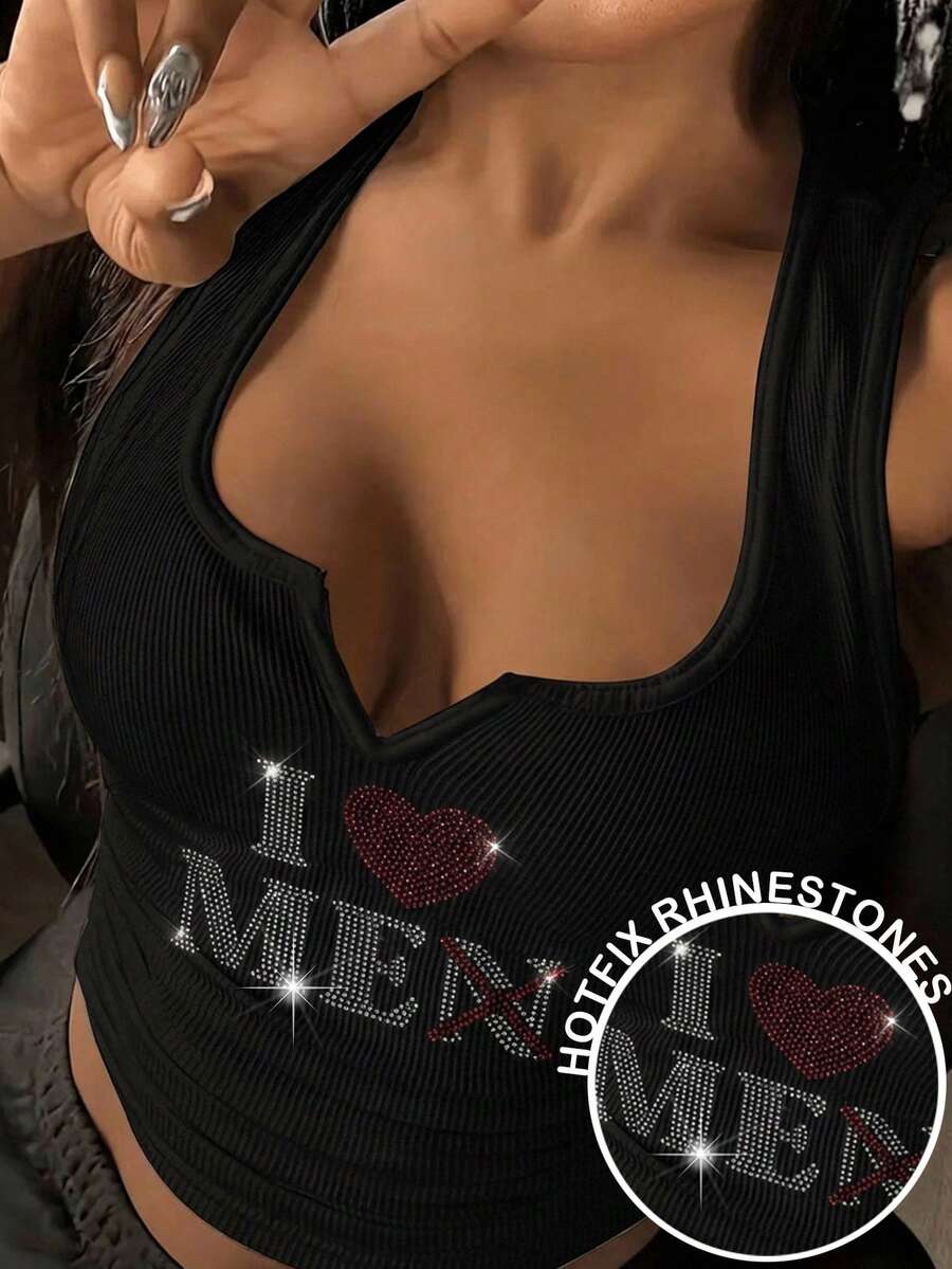 Slaydiva Casual Minimalist Rhinestone "I Love Myself" Cropped Tank Top, Suitable For Summer, Back To School, Music Festivals, Plus Size - Multicolor - View 1