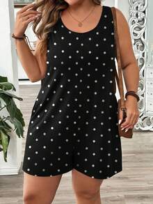 EMERY ROSE Macacão feminino plus size casual preto com estampa de bolinhas brancas, ideal para férias de verão. - Multicolorido - Ver 3