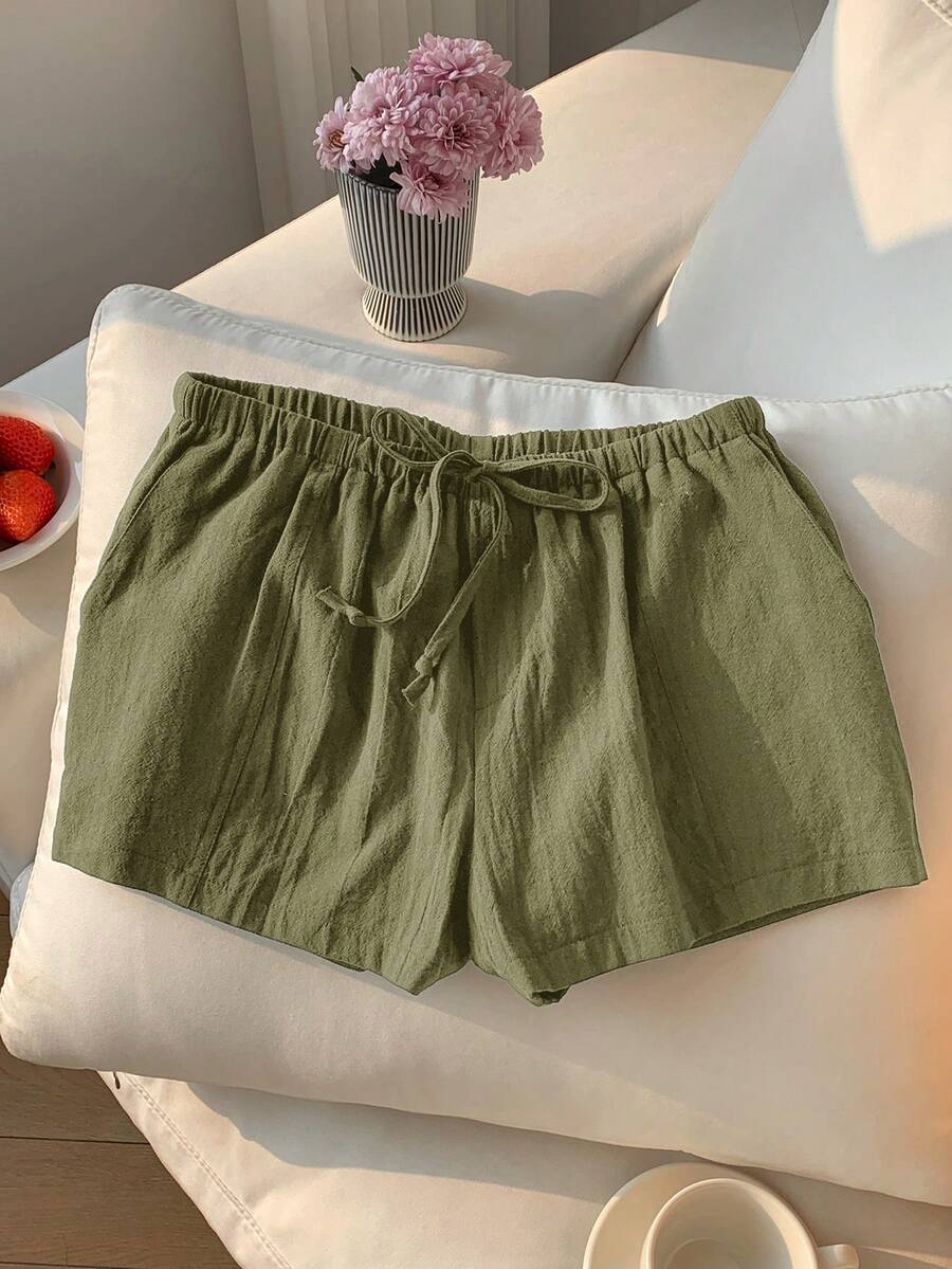Comfortcana Celana Pendek Wanita Kasual Longgar dengan Tali Serut, Warna Polos, Celana Pendek Linen Serbaguna untuk Pemakaian Sehari-hari dalam Warna Hijau Army