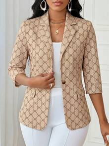 SHEIN Lady 女士蝴蝶结图案翻领七分袖薄款西装外套 - 彩色 - 查看 4