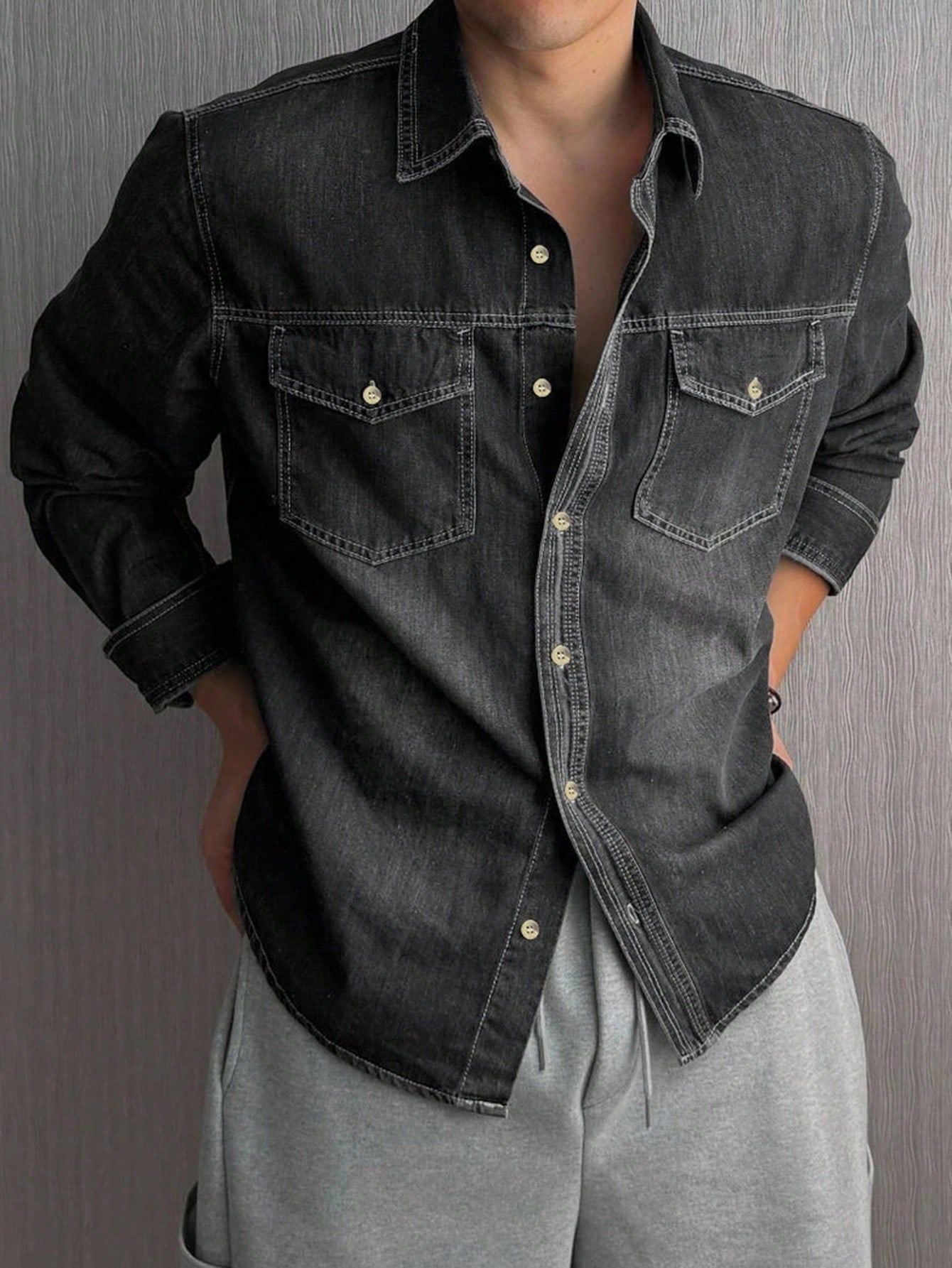 DAZY جاكيت جينز رمادية داكنة مصبوغة للرجال، خريفية