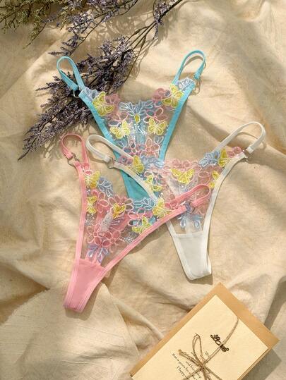 3pcs Sweet Embroidered Low-Rise Sexy Thongs Set String Panties