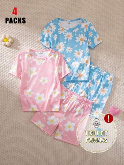 Bộ đồ ngủ 2 món cho bé gái, in họa tiết hoa tím và kem, tay ngắn, quần short.