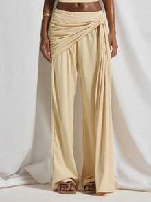MUSERA Overlayed Ruched Knotted Skirt Wide Leg Flowy Trouser Coord Bottoms Only Cute Holiday Sexy Night Out Vacation Spring Summer Elegant Soleil Drape Beach - Light Yellow - View 2