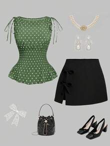 Sweetra Blusa casual versátil de uso diario con lunares y detalle de torsión para mujer de talla grande - Verde militar - Ver 1