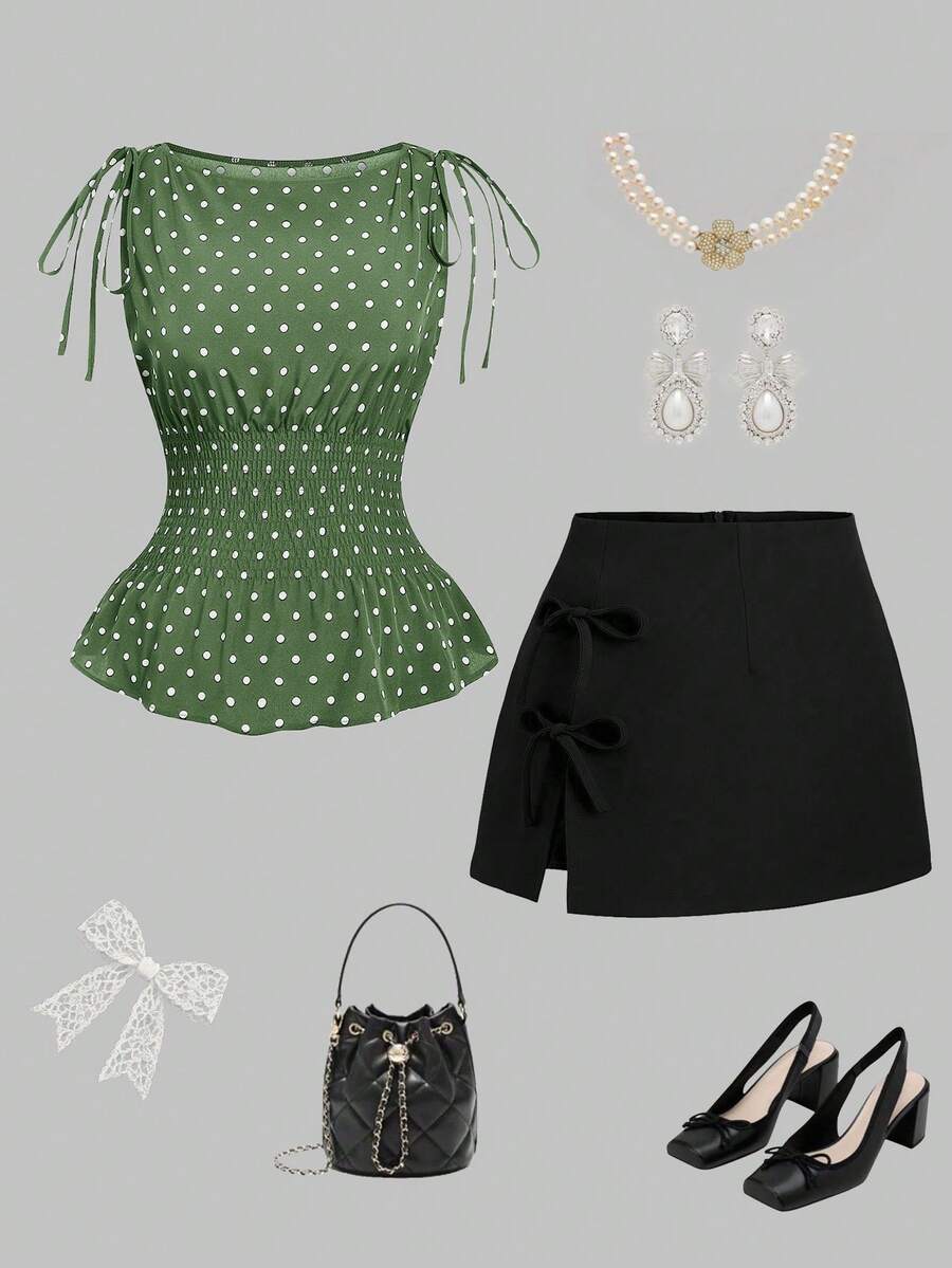 Sweetra Blusa casual versátil de uso diario con lunares y detalle de torsión para mujer de talla grande - Verde militar - Ver 1