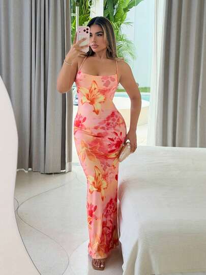 Maria Perezxox 女式低胸露背度假花卉印花连衣裙