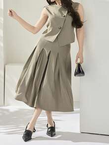 Modelyn Conjunto de 2 piezas para mujer talla grande: Top de tirantes de unicolor y minifalda - Verde militar - Ver 2