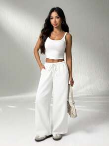 SHEIN PETITE Pantalones de mujer de color albaricoque, negro y multicolor. Conjunto de dos piezas que combina fácilmente para múltiples ocasiones, casual y cómodo para todo uso - Blanco y Negro - Ver 6