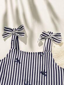 SHEIN 2件套女婴幼儿/新生儿0-3岁休闲日常可爱度假条纹蝴蝶结装饰吊带背心+短裤套装，春夏款 - 黑色 - 查看 3