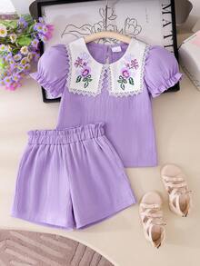 Genkimix Kids 少女休闲时尚学院风白色蕾丝领针织短袖上衣搭配梭织绉纱面料两件套，青春可爱紫色假日套装 - 紫色 - 查看 3