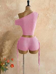 Soleia Women's Vacation Casual Asymmetric-Shoulder Sweater Vest & Shorts 2 Pieces Set - Pink - View 2