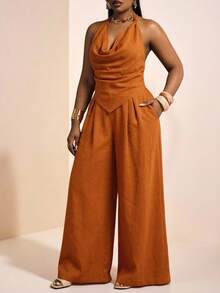 Truni 大码女装新款不对称系带露脐上衣和阔腿亚麻裤两件套，适合音乐节、复活节、圣帕特里克节、西部风、游牧风、生日派对、毕业典礼、学院风、学生装、休闲、度假、邮轮旅行、海滩、日光浴、潮流、街头风、婚礼宾客波西米亚风、通勤、早午餐、机场穿搭等场合。夏季女装春季连衣裙，女士曲线连体裤，女士夏季连体裤，大码大地色系服装，70年代复古风女装，大码连体裤，女士裤装，大码度假套装，女士两件套，休闲女装套装，女士夏季套装，女士度假套装，女装缝纫图样 - 橘色 - 查看 6