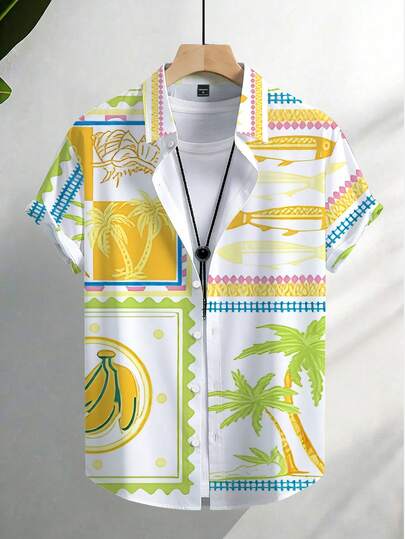 OTTIMOZO Camisa de manga corta con estampado de árbol de coco, estilo de vacaciones de verano en la isla para hombres. Camisa casual suelta con estampado tropical de frutas, árboles de coco y peces para la playa. Camisa de fotografía de playa para hombres con estampado geométrico de borde a color