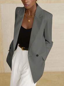 Aveloria Modichic 女士商务风纯色双排扣西装外套，适合通勤和秋季穿着 - 深灰色 - 查看 3