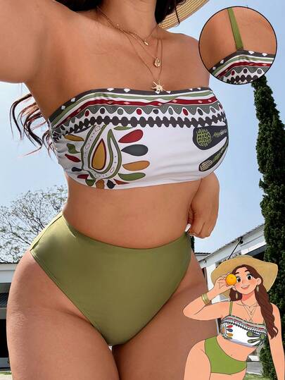 Slaydiva Plus Size Women Geometric Print Spaghetti Strap Bikini Top And Triangle Bottoms Swimsuit Set