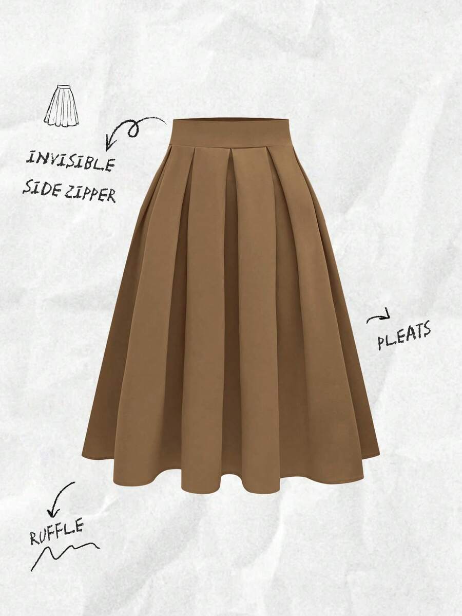 Olithes Women's Casual Pleated Skirt, Versatile For Spring & Autumn - Khaki - View 1