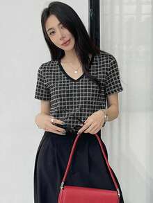 DAZY 女士休闲格子短袖T恤，夏季印花T恤 - 黑色 - 查看 5