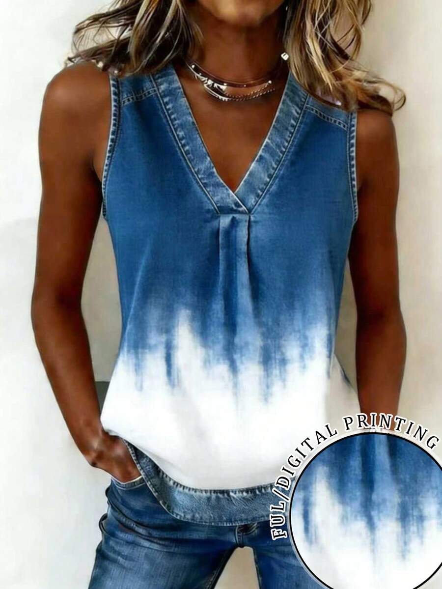 EMERY ROSE New Arrival Ombre Denim Effect Print Regular Fit Women Top - Blue and White - View 1