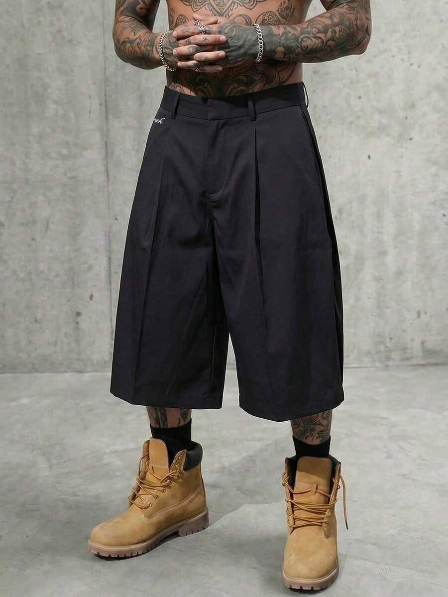 AXEPEAK 男士夏季休闲日常通勤简约纯色褶皱宽松阔腿短裤 - 黑色 - 查看 1