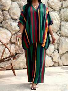 SHEIN Lady Plus Size Striped V-Neck Top And Wide Leg Pants 2 Pieces Casual Set - Multicolor - View 6