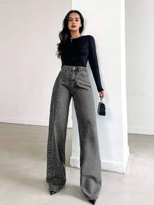 SHEIN Tall QUẦN JEAN XANH DƯƠNG CỠ CAO CHÂN RỘNG VÁY DÀI - 716 GR - màu đen - Xem 3