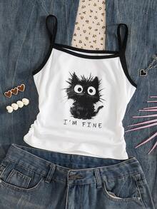 Áo tank top hai dây phối màu in hình mèo dễ thương dành cho bé gái tuổi teen, dáng ôm ngắn, chất vải gân thoáng khí, kiểu áo không tay đa năng mùa hè, hoàn hảo để mặc nhiều lớp và mặc thường ngày. - Đen và trắng - Xem 4