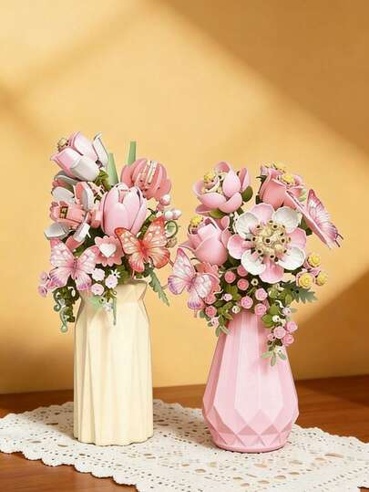 MINKOJA 300 Stück, Blumenarrangement Simulationsvase Bauklötzchen Set, handgefertigte Bauklötzchen, Studium, Wohnzimmer, Schlafzimmer Dekoration, kreative 3D Aufbau Szene Modul, modische Tischdekoration, geeignet als Geburtstags-/Halloween-/Weihnachts-/Valentinstags-/Muttertags-Geschenk, Ostergeschenk, Heimdekoration Accessoires, Sammlerstücke, Osterdekoration