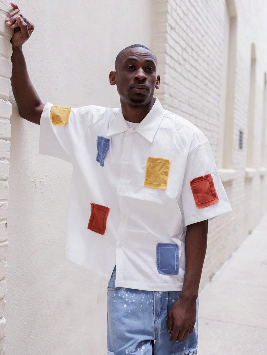 BelSigned BelSigned Men's Fashion Casual Color Clash Applique Embroidered Button Up White Boxy Shirt, For Summer - White - View 1