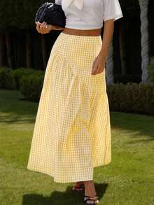 COSMINA Women's Plaid Pleated Casual Versatile Date Skirt - Yellow - View 6