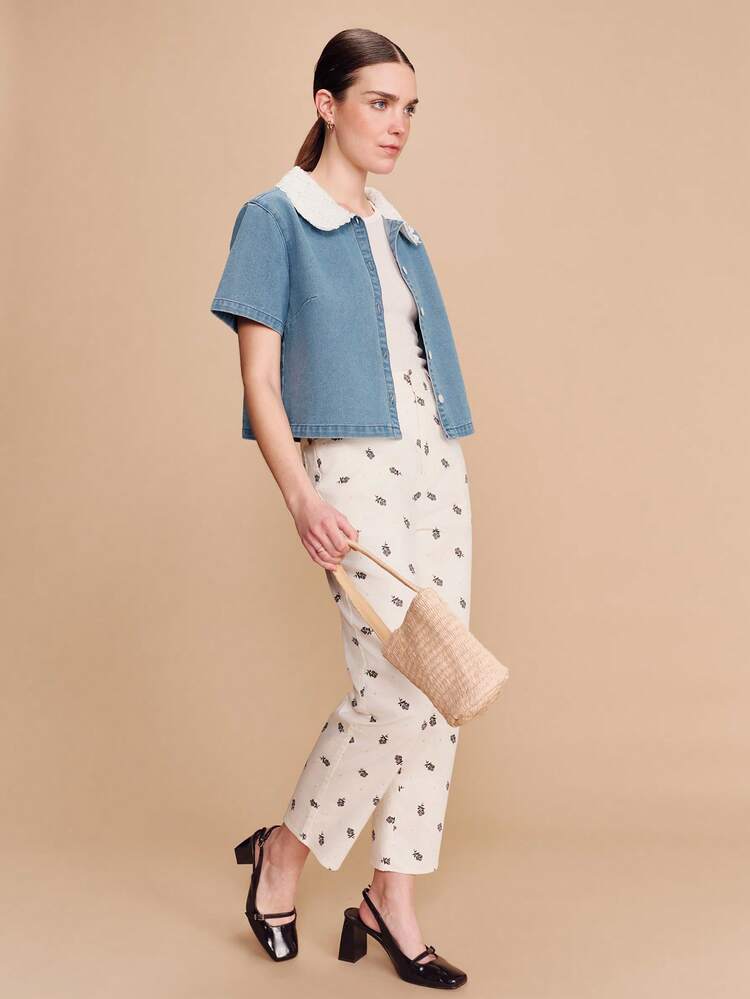 Blue Denim Short Sleeve Shirt With Crochet Collar Detail Boho Spring Summer Vintage Style French Style Spring Summer
