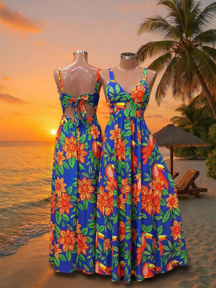 Lunelith SHEIN Lunessa Women's Tropical Plant Pattern Vacation Casual Hollow Out Design Dress Caribbean Dresses Tropical Vacation Outfits For Women Hawaiian Dress For Women Party Caribbean Outfits For Women Women S Beach Outfits - Multicolor - View 1