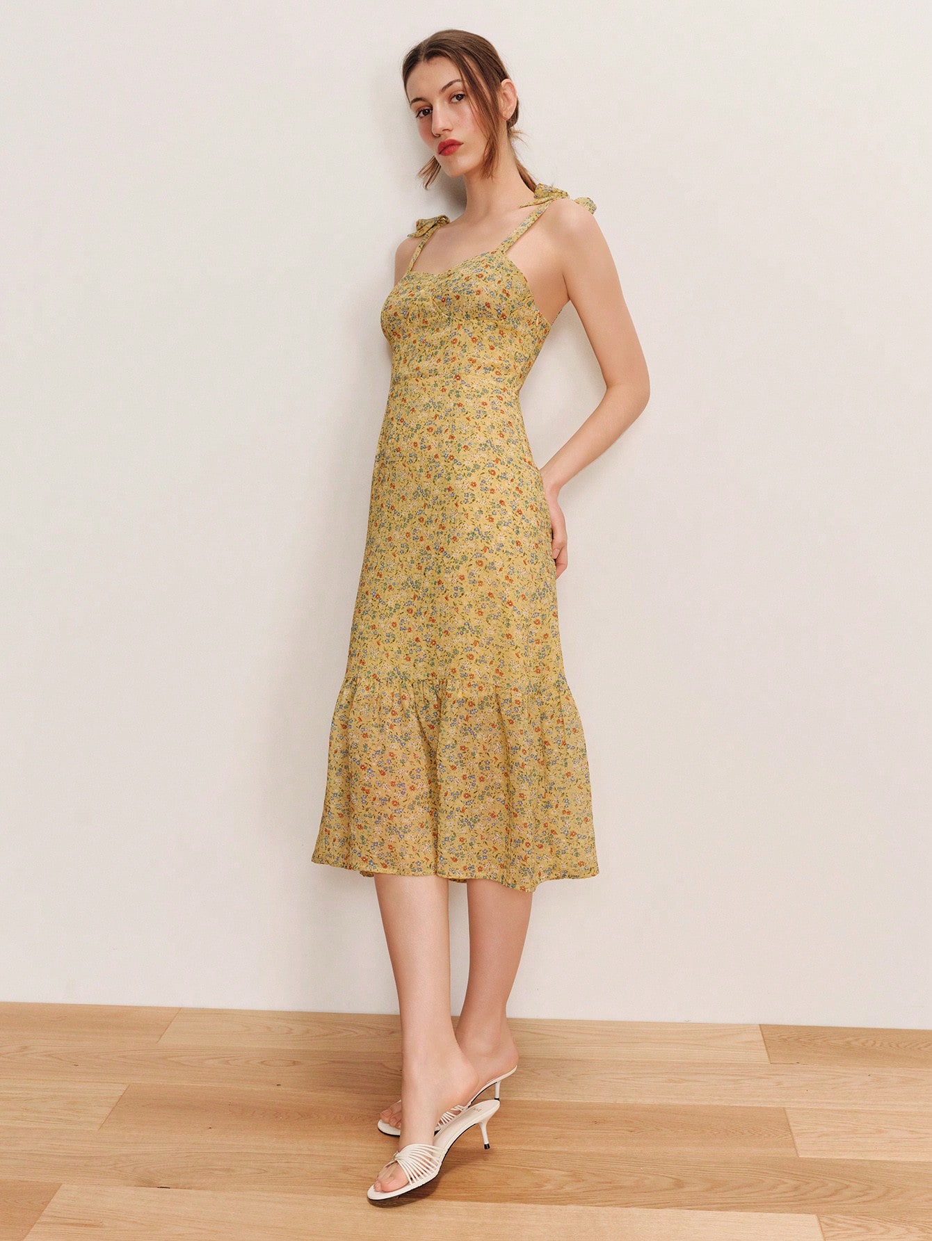 Yellow Sweetheart Neckline Fitted Midi Dress, Cute Back Panel Shirring And Tie Shoulder Straps Yellow Floral Dress Spring Summer Vacation Dress Holiday Dress French Style Parisian Style