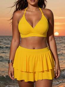 Slaydiva 2026新款多巴胺印花黄色V领系带露背上衣，搭配双层荷叶边下装，可爱休闲沙滩泳装套装，女士 - 黃色 - 查看 1