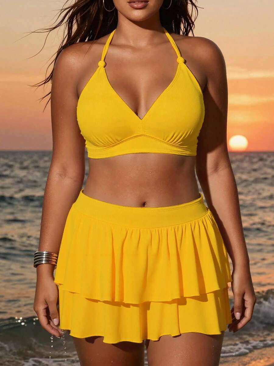 Slaydiva 2026新款多巴胺印花黄色V领系带露背上衣，搭配双层荷叶边下装，可爱休闲沙滩泳装套装，女士 - 黃色 - 查看 1