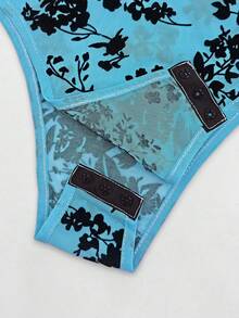 SHEIN Franclia Bodysuit Lengan Panjang Off-Shoulder Bermotif Beludru Bertekstur untuk Wanita - Biru - View 4