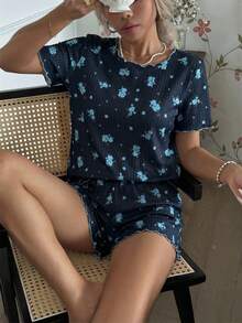 CottageSlumber Floral Rib Knit Loose Fit Short Sleeve & Shorts Pajama Set For Women - Navy Blue - View 3