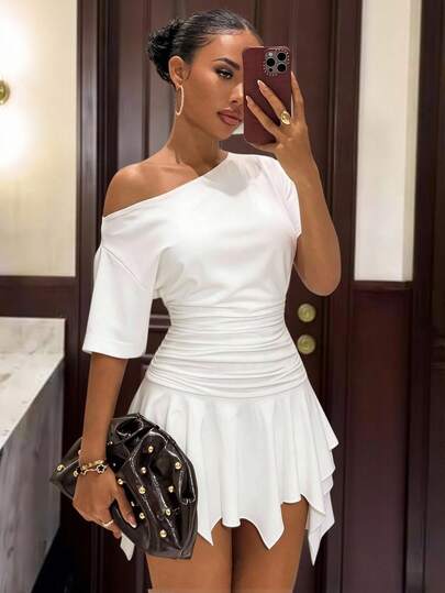 Slaydiva Women's Celebrity Elegant Party Birthday Bar Nightclub Date Girlfriends Party Casual Elegant Vacation Asymmetric Hem Loose A-Line Gathered White Mini Dress