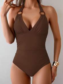 Swim Basics Women's Solid Color Tummy Control V-Neck Halter Tie Swimsuit One-Piece For Beach & Pool - Coffee Brown - View 4