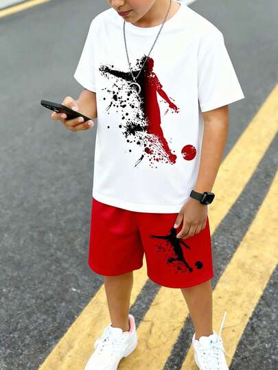 2pcs/Set Boys' Casual Fashionable Creative Football Player Silhouette Splash Ink Dot Print T-Shirt And Shorts Outfit, Comfortable Daily Wear For Spring, Summer & Autumn