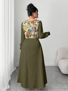 Elenzga Plus Size Women's Vintage French Style Color Block Long Sleeve 2 In 1 Dress, Suitable For Graduation, Holidays, Valentine's Day, Christmas, Music Festivals, Mother's Day, Halloween, Thanksgiving, Easter, National Day, Dances, Dates, Parties, Weddings, Outings - Army Green - View 2