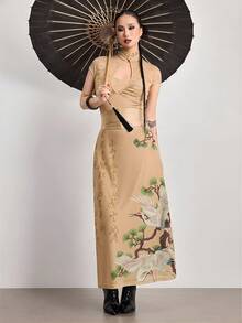 ROMWE Avant Nueva falda con abertura estampada con grulla y árbol de pino con caligrafía china, para mujer, estilo chino - Albaricoque - Ver 7