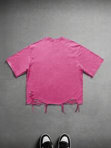 ROMWE MEN Men's Street Style Distressed Diamond Embellished Washed T-Shirt - Hot Pink - View 3