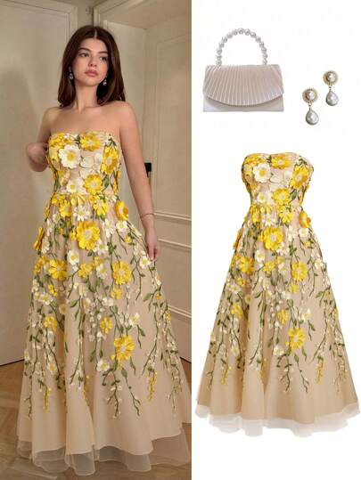 Selianne Vestido elegante y romántico de malla con bordado floral y cintura sin tirantes, en color púrpura, para mujer, de última para primavera y verano