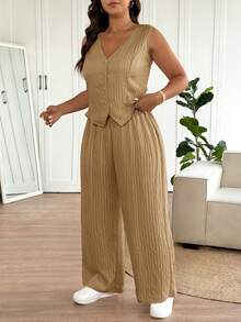 SHEIN Frenchy Plus Size Women Blazer Vest Design Casual Pants Suit - Khaki - View 3