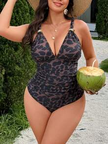 Slaydiva Maiô Bikini Halter de Estampa de Onça Plus Size Primavera/Verão 2026, Decote em V Profundo, Decoração Metálica, Alça Ajustável, Parte de Baixo de Cintura Alta, Roupa de Banho Sexy para Férias na Praia - Multicolorido - Visão 6