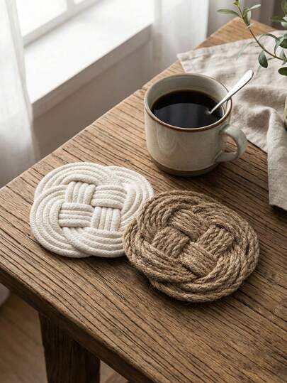 Cirelle 1个手工编织亚麻杯垫 - 耐热杯垫，简约桌面装饰，适用于家居和咖啡馆