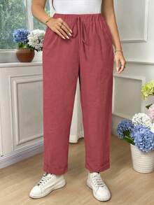 EMERY ROSE Plus Size Women Casual Solid Color Cotton Fold-Over Pants Fall - Pink - View 3