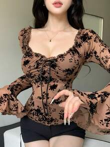 Áo kiểu ren họa tiết hoa nhí mùa xuân hè, áo cổ chữ V tay chuông phối lưới thanh lịch, thích hợp cho ngày Valentine, đám cưới, tiệc tùng và các dịp trang trọng. - màu nâu - Xem 9
