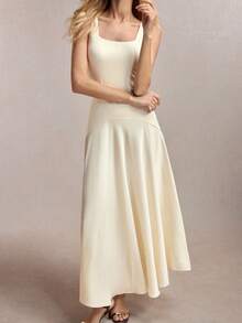 BizChic Summer New Buttercup Yellow Square Neck Wrinkle-Resistant Satin Patchwork Dress, Modern Elegant Office Commute - Beige - View 3